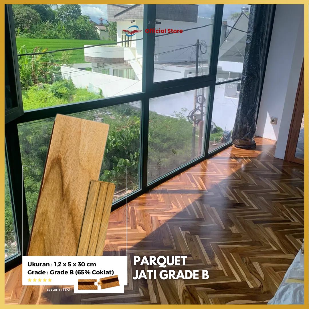 Lantai Kayu Parquet Jati Grade B Ukuran 5x30cm