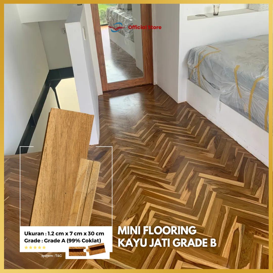 Lantai Kayu Jati Grade B Uk 1,2 cm x 7cm x 30 cm / Mini Flooring Kayu Jati Solid Grade B